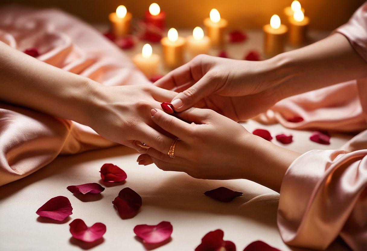 A beautifully arranged intimate setting with soft, warm lighting, featuring elegant candles, silk sheets, and delicate rose petals scattered around. In the foreground, two intertwined hands symbolize connection and sensuality, while a subtle background of abstract, flowing shapes hints at passion and intimacy. The color palette should be rich and inviting, with deep reds, soft pinks, and golden hues. super-realistic. vibrant colors. soft focus.