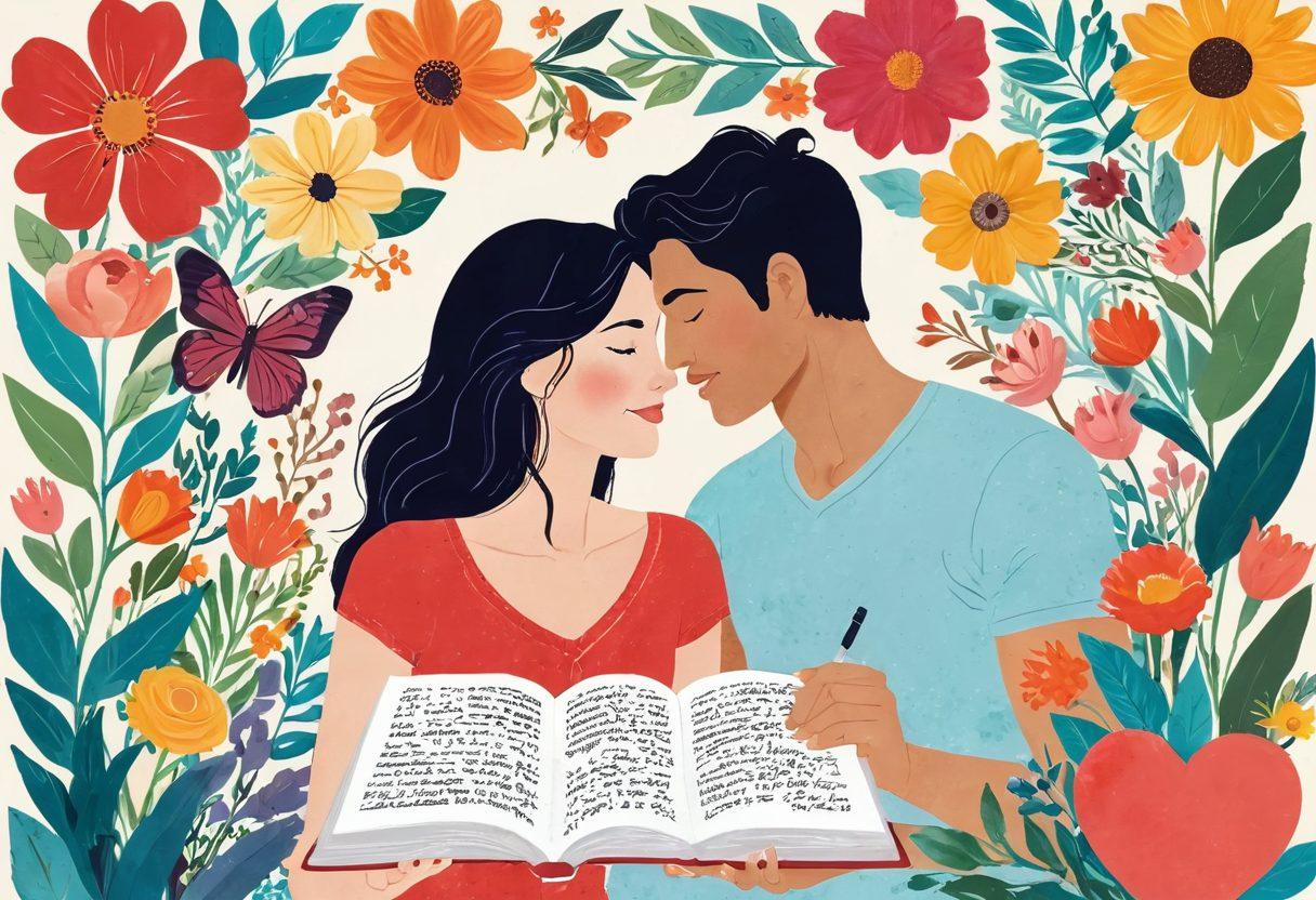A visually striking collage illustrating elements of romance, self-discovery, and personal growth. Include a couple sharing a joyful moment, a thoughtful individual journaling in a serene setting, and vibrant symbols of love, like hearts and blooming flowers interwoven throughout. Bright colors should radiate warmth and empowerment while incorporating soft, calming backgrounds to evoke a sense of tranquility and inspiration. vibrant colors. soft focus. digital art.