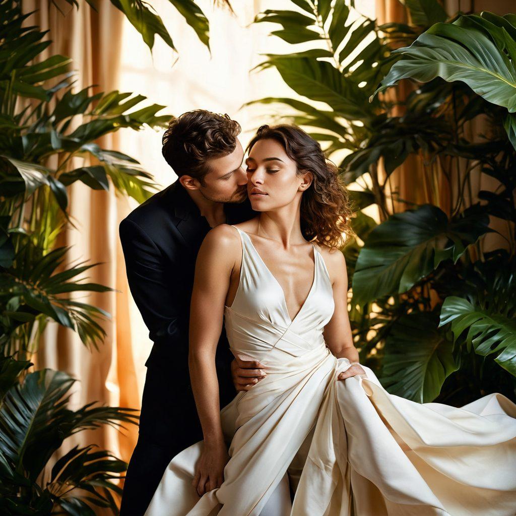 A gracefully intertwined couple in an intimate embrace, surrounded by soft, flowing fabric that symbolizes sensuality, with hints of abstract symbols representing exploration and desire. Warm lighting casts gentle shadows, evoking a sense of comfort and intimacy. The background features lush, tropical plants to enhance the organic connection to nature and sensuality. super-realistic. warm color palette. soft focus.